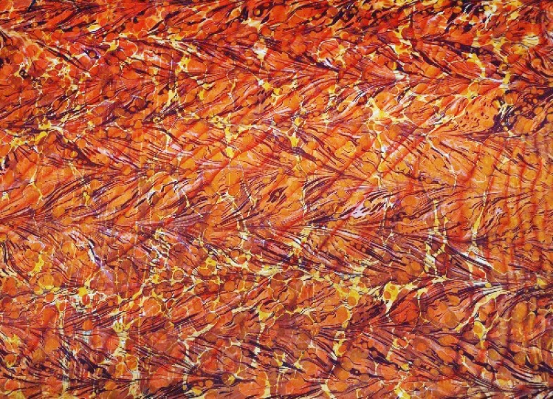 Untitled Ebru with orange, brown, and gold serpmeli gel-git (light stone-spread, come-and-go) and dalgalı (shifted) pattern