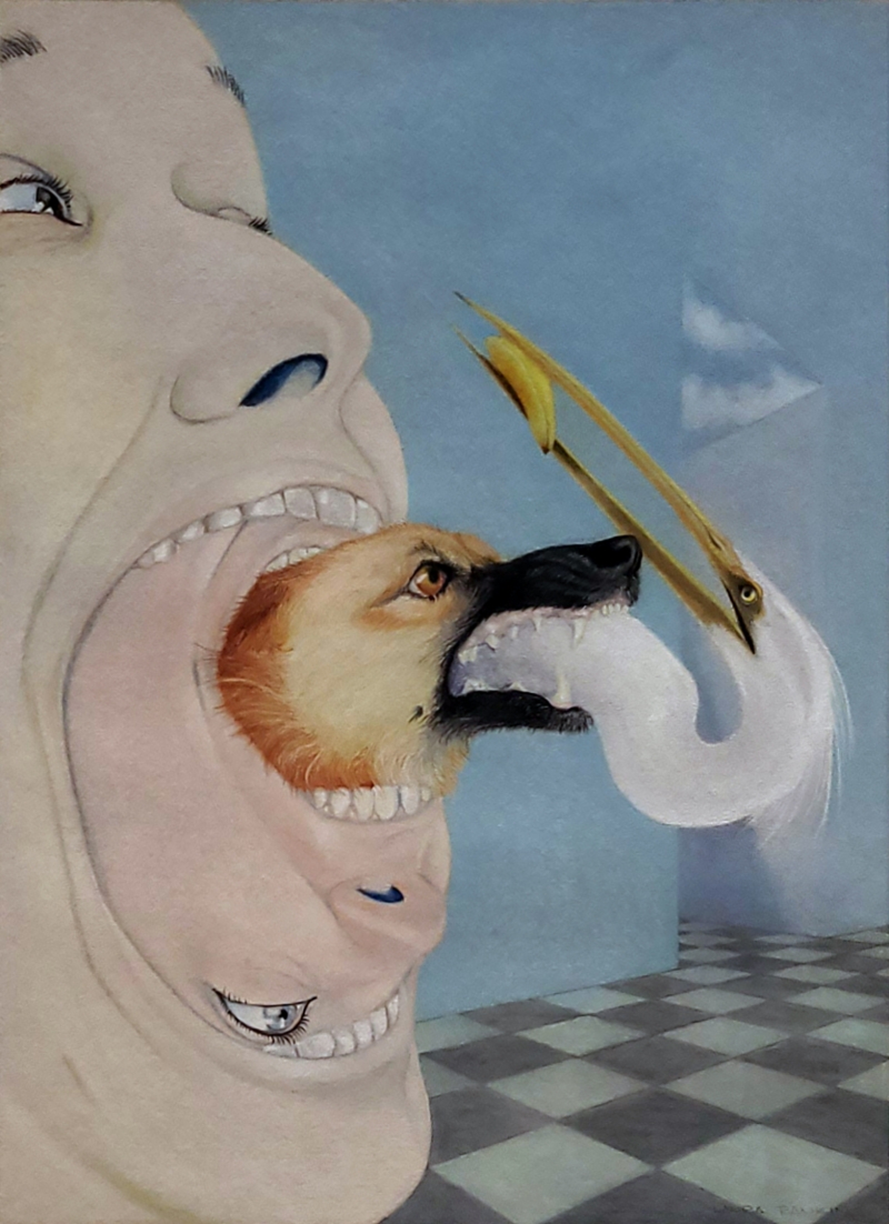 Man, Woman, Dog, Bird, Banana in a Room
